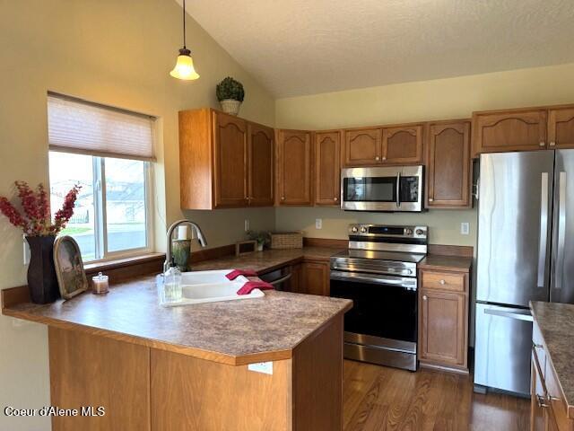 2359 N Alfalfa Loop, Post Falls, ID 83854 - kitchen featuring vaulted ceiling, dark wood-style flooring, a sink, a peninsula, and appliances with stainless steel finishes