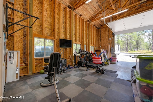 workout room with high vaulted ceiling and a healthy amount of sunlight