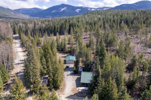birds eye view of property with a forest view and a mountain view
