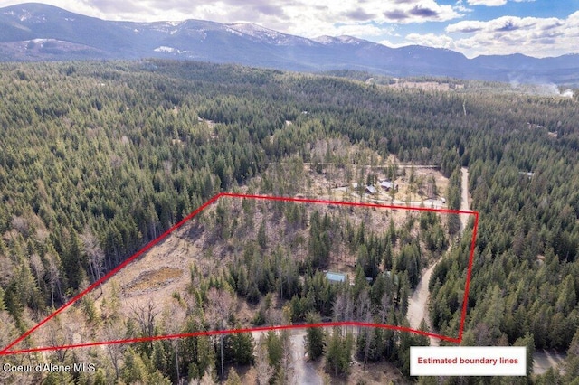 drone / aerial view featuring a mountain view and a wooded view