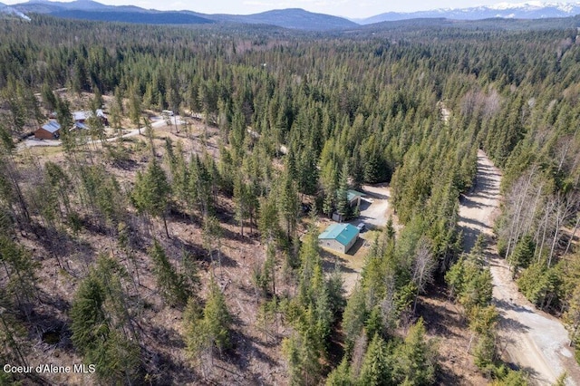 bird's eye view with a forest view and a mountain view