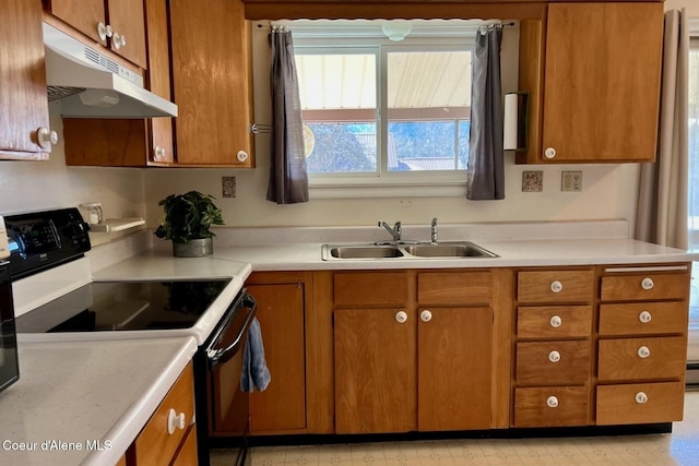 321 High St, Priest River, ID 83856 - kitchen with a sink, brown cabinets, range with electric stovetop, light countertops, and under cabinet range hood