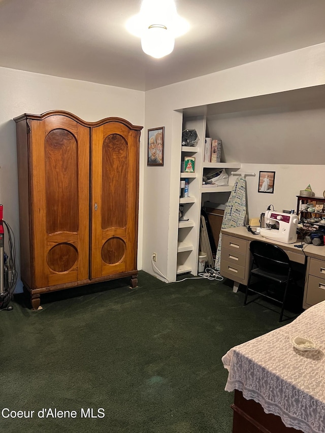 bedroom featuring dark carpet and a closet