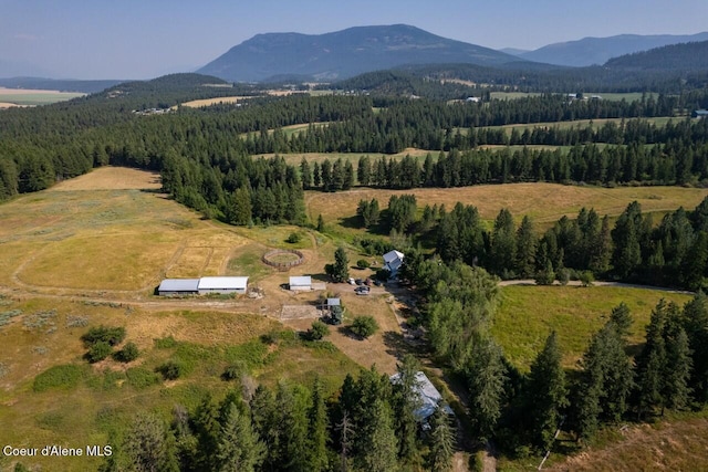 aerial view featuring a view of trees and a mountain view