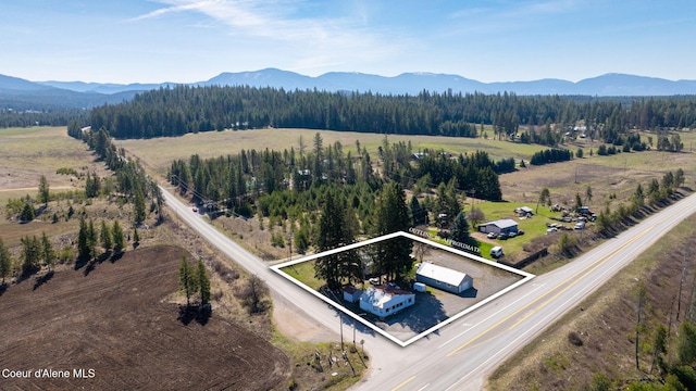 drone / aerial view featuring a rural view, a wooded view, and a mountain view