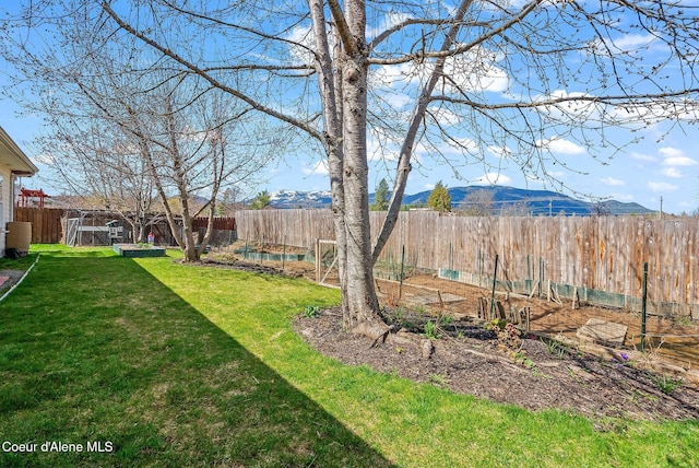 view of yard with a vegetable garden and a mountain view