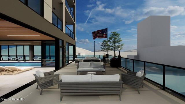 116 S 3rd St # 1304, Coeur Dalene, ID 83814 - exterior space featuring a community pool, an outdoor hangout area, and a balcony