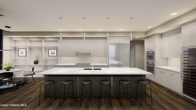 116 S 3rd St # 1304, Coeur Dalene, ID 83814 - kitchen with modern cabinets, wine cooler, dark wood-style floors, and a spacious island