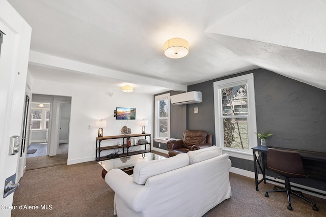 516 E Indiana Ave, Coeur Dalene, ID 83814 - living area featuring baseboards, vaulted ceiling, a wall mounted AC, and carpet