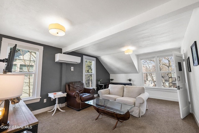 516 E Indiana Ave, Coeur Dalene, ID 83814 - carpeted living area featuring an AC wall unit, baseboards, and lofted ceiling