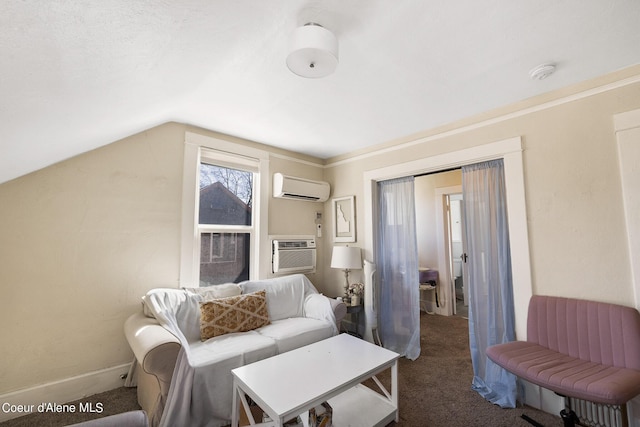 516 E Indiana Ave, Coeur Dalene, ID 83814 - carpeted bedroom with lofted ceiling, baseboards, an AC wall unit, and a wall mounted air conditioner