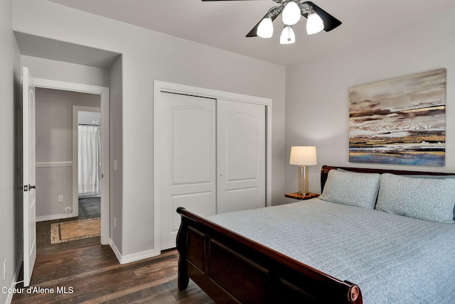 3825 E English Point Rd, Hayden, ID 83835 - bedroom with dark wood finished floors, a closet, and a ceiling fan