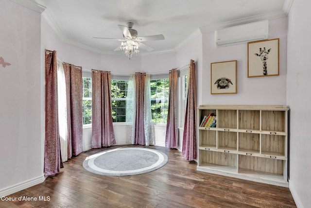 3825 E English Point Rd, Hayden, ID 83835 - unfurnished room with a wall mounted AC, hardwood / wood-style flooring, ceiling fan, and ornamental molding