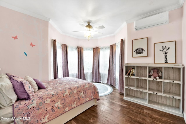 3825 E English Point Rd, Hayden, ID 83835 - bedroom featuring a wall mounted air conditioner, crown molding, dark wood-style floors, and ceiling fan
