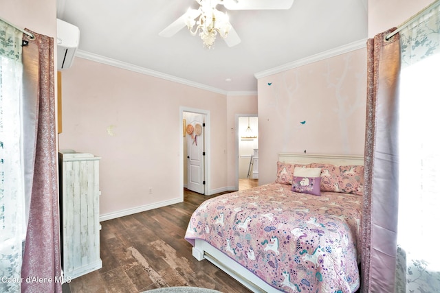 3825 E English Point Rd, Hayden, ID 83835 - bedroom featuring a wall mounted air conditioner, wood finished floors, crown molding, and ceiling fan