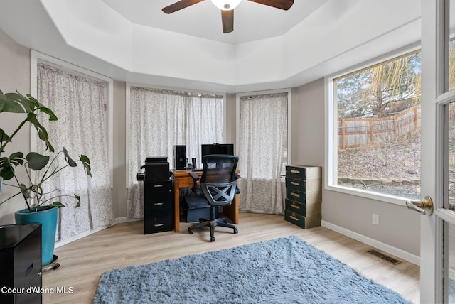 office with plenty of natural light, a ceiling fan, and wood finished floors