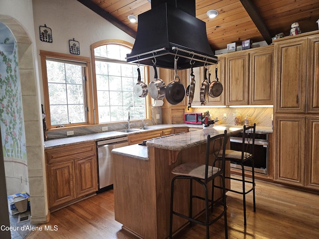 11268 N Friar Dr, Hayden, ID 83835 - kitchen featuring dishwasher, island range hood, wood ceiling, and vaulted ceiling with beams