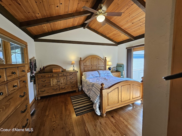 11268 N Friar Dr, Hayden, ID 83835 - bedroom featuring wooden ceiling, dark wood-style flooring, lofted ceiling with beams, and ceiling fan