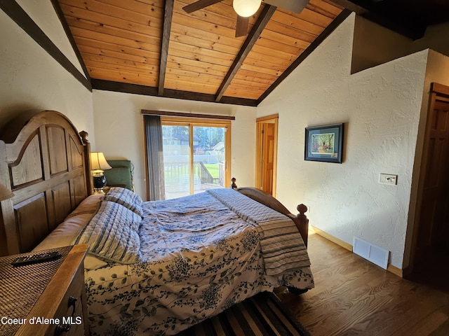 11268 N Friar Dr, Hayden, ID 83835 - bedroom featuring access to exterior, vaulted ceiling with beams, visible vents, wood finished floors, and wood ceiling