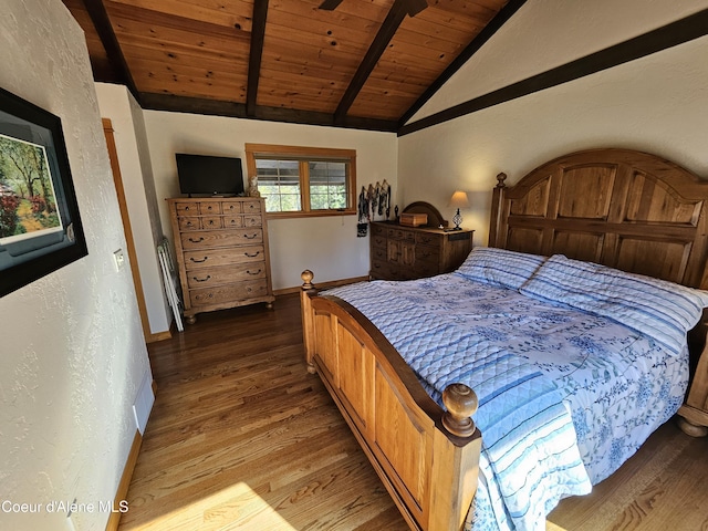 11268 N Friar Dr, Hayden, ID 83835 - bedroom featuring wood ceiling, a textured wall, wood finished floors, and vaulted ceiling with beams