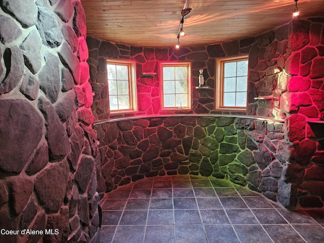 11268 N Friar Dr, Hayden, ID 83835 - bathroom with track lighting, wooden ceiling, tiled shower, and plenty of natural light