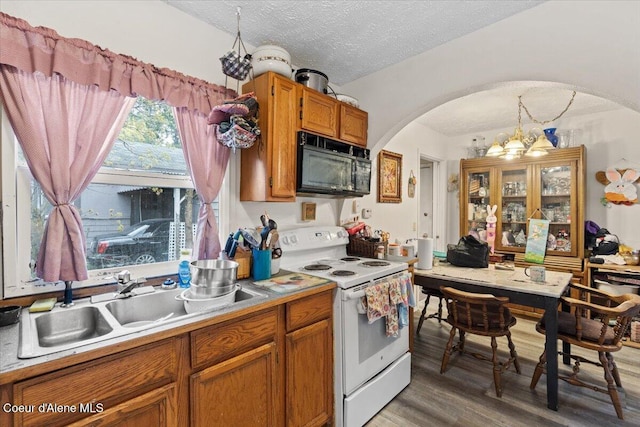 1515 E Elm Ave, Coeur Dalene, ID 83814 - kitchen featuring white range with electric stovetop, black microwave, arched walkways, wood finished floors, and brown cabinetry
