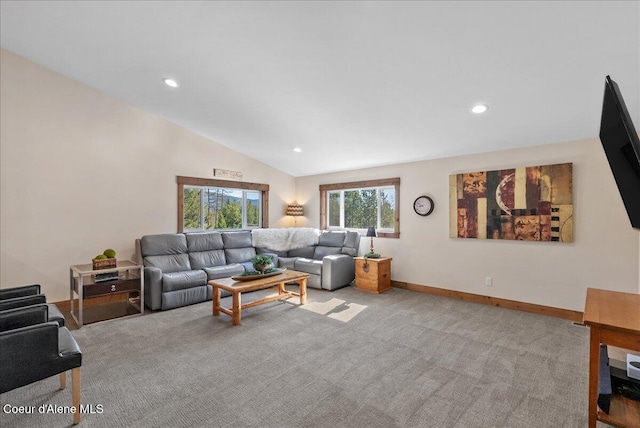 329 N Healing Dr, Blanchard, ID 83804 - living room featuring baseboards, vaulted ceiling, carpet flooring, and recessed lighting