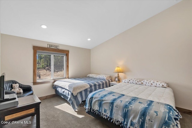 329 N Healing Dr, Blanchard, ID 83804 - carpeted bedroom featuring baseboards, vaulted ceiling, and recessed lighting