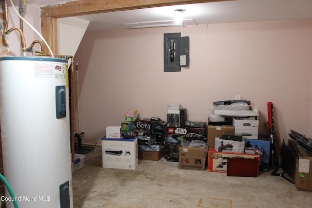 interior space featuring electric panel and water heater