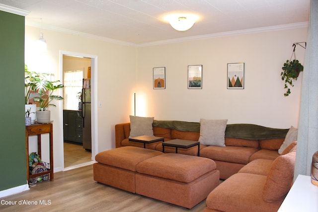 living room featuring wood finished floors, baseboards, and ornamental molding