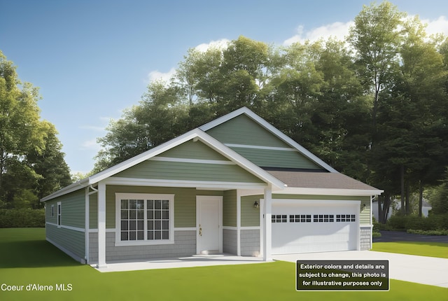 view of front of house featuring roof with shingles, a front lawn, a porch, concrete driveway, and an attached garage