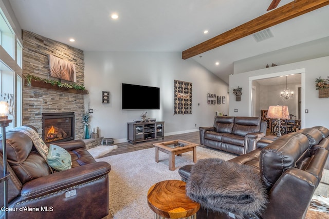 5867 W Sparrowhawk Dr, Rathdrum, ID 83858 - living area with a chandelier, vaulted ceiling with beams, visible vents, and recessed lighting