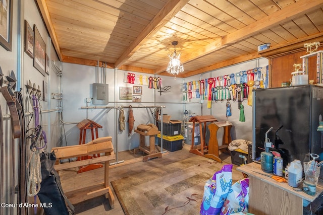 5867 W Sparrowhawk Dr, Rathdrum, ID 83858 - interior space featuring wood ceiling, concrete floors, beam ceiling, and electric panel
