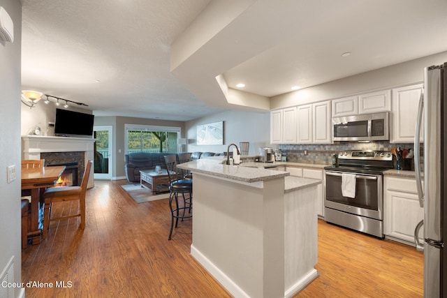 4549 S Arrow Point Dr # 207, Harrison, ID 83833 - kitchen featuring tasteful backsplash, open floor plan, light wood-style floors, a peninsula, and appliances with stainless steel finishes