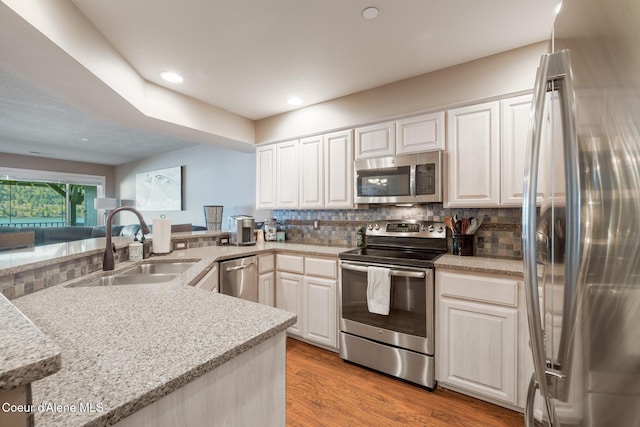 4549 S Arrow Point Dr # 207, Harrison, ID 83833 - kitchen featuring tasteful backsplash, a sink, light wood-style floors, stainless steel appliances, and light stone countertops