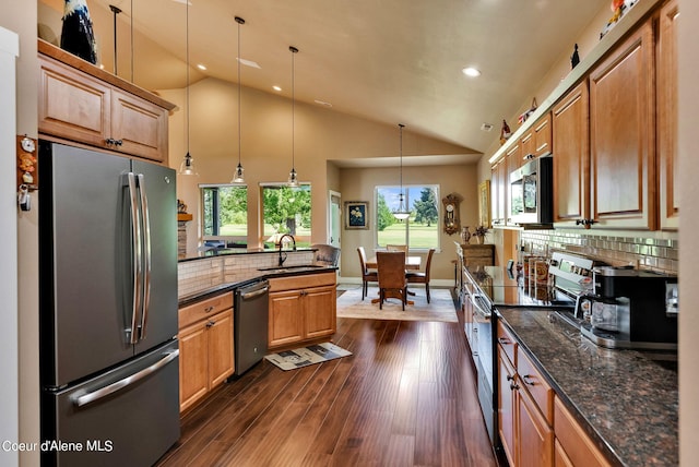 kitchen featuring a sink, appliances with stainless steel finishes, dark wood finished floors, a peninsula, and lofted ceiling