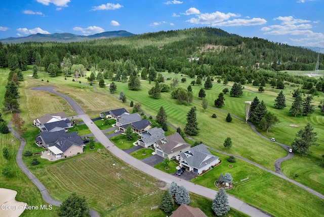 birds eye view of property featuring a forest view and a mountain view
