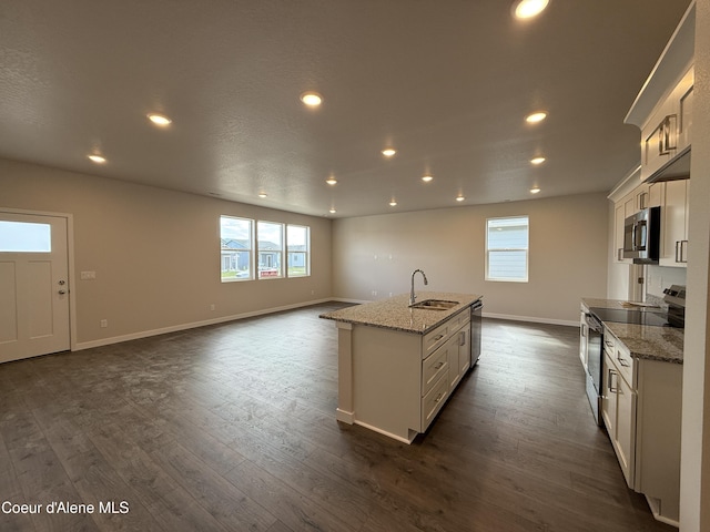5147 E Norma Ave, Post Falls, ID 83854 - kitchen with stainless steel appliances, healthy amount of natural light, a kitchen island with sink, recessed lighting, and dark wood-style flooring