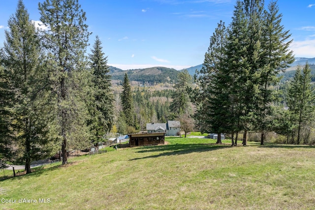view of yard with a view of trees and a mountain view