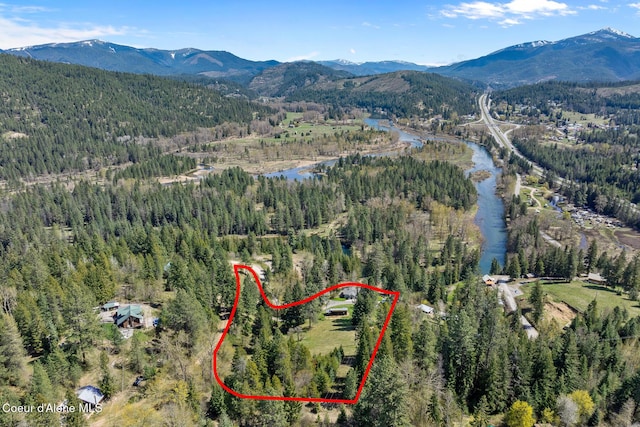 bird's eye view with a view of trees and a water and mountain view