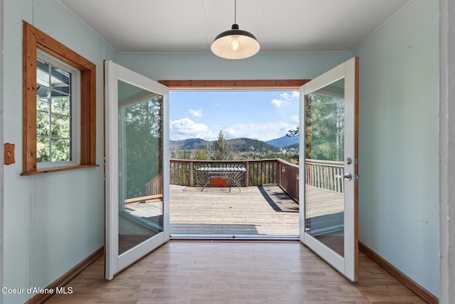 doorway to outside with french doors, wood finished floors, and a mountain view