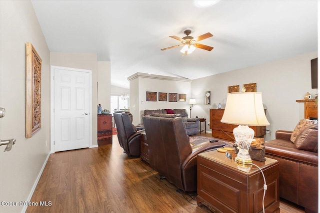 8514 W Grand Teton St, Rathdrum, ID 83858 - living area featuring vaulted ceiling, wood finished floors, baseboards, and ceiling fan