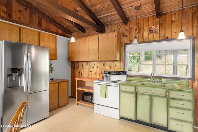 14314 N Waters Edge Ct, Hayden, ID 83835 - kitchen with stainless steel refrigerator with ice dispenser, white electric range oven, green cabinets, wood ceiling, and wooden walls
