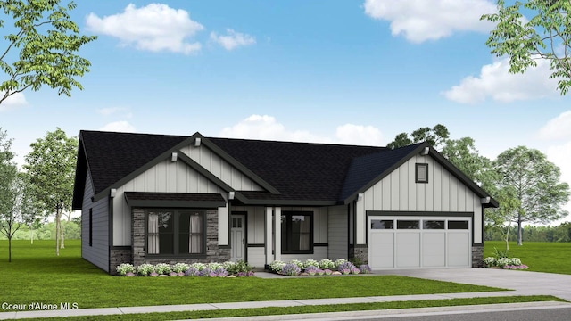view of front of home featuring concrete driveway, stone siding, board and batten siding, and a garage