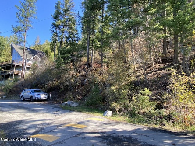 view of asphalt street featuring a view of trees