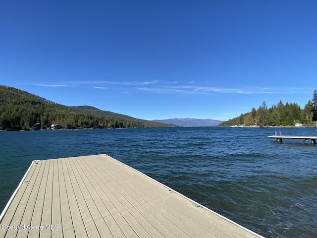 dock area with a water and mountain view and a view of trees