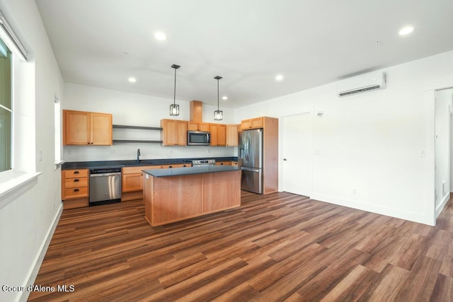 50 Carnelian Ave Unit 203, Ponderay, ID 83852 - kitchen with open shelves, a sink, an AC wall unit, stainless steel appliances, and dark wood-type flooring