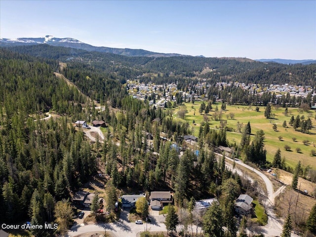 birds eye view of property with a mountain view and a forest view