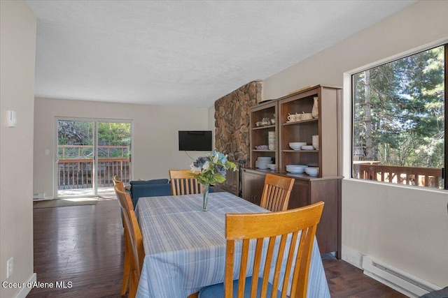 dining room with dark wood-style floors, baseboard heating, and baseboards