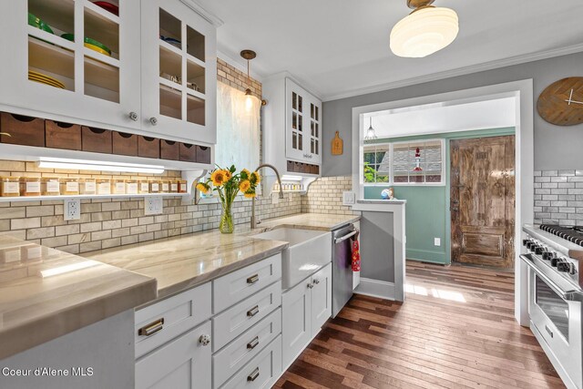 kitchen with backsplash, light stone countertops, dark wood finished floors, a sink, and stainless steel appliances
